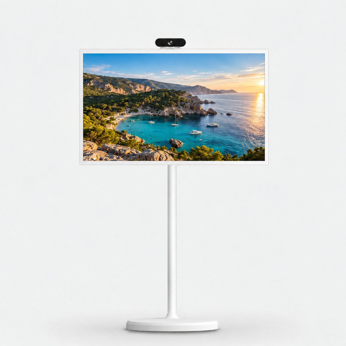 TV HOME in front of a Mediterranean bay at sunset